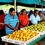 A vibrant outdoor market scene in Fiji. Adult Fijian vendors and shoppers are depicted in modest, colorful, and appropriate casual attire. Stalls are overflowing with an abundance of fresh tropical fruits like mangoes, papayas, and pineapples, alongside fresh seafood. The atmosphere is lively and bustling under natural daylight. Professional photography, high quality, perfect anatomy, correct proportions, natural pose, well-formed hands, proper finger count, natural body proportions, fully clothed, appropriate attire, safe for work, appropriate content, family-friendly.