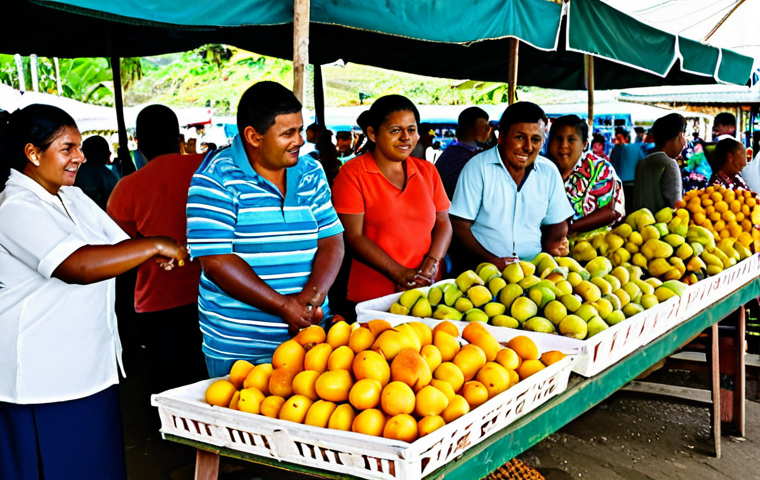 A vibrant outdoor market scene in Fiji. Adult Fijian vendors and shoppers are depicted in modest, colorful, and appropriate casual attire. Stalls are overflowing with an abundance of fresh tropical fruits like mangoes, papayas, and pineapples, alongside fresh seafood. The atmosphere is lively and bustling under natural daylight. Professional photography, high quality, perfect anatomy, correct proportions, natural pose, well-formed hands, proper finger count, natural body proportions, fully clothed, appropriate attire, safe for work, appropriate content, family-friendly.