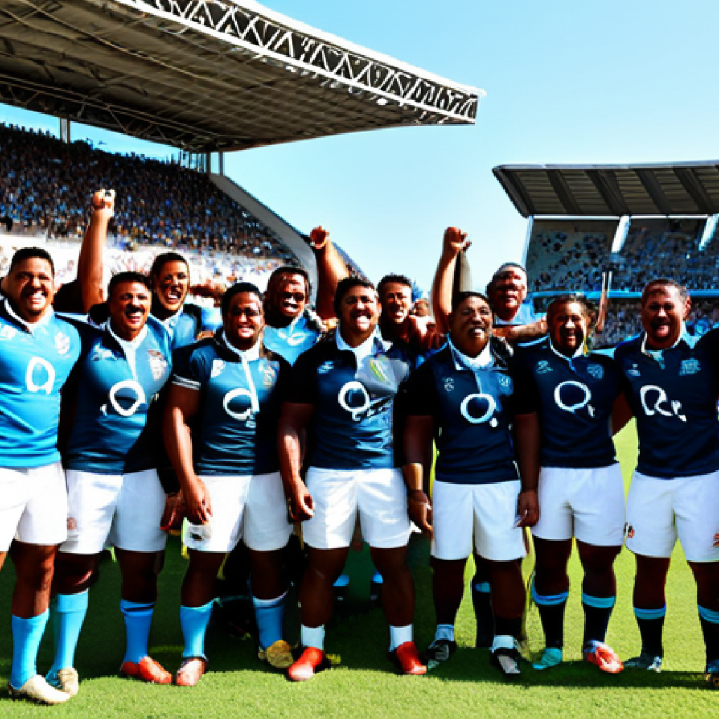 피지 출신 유명 인물 - Rugby Celebration**
"A jubilant Fijian rugby team celebrating their Olympic gold medal victory, ful...