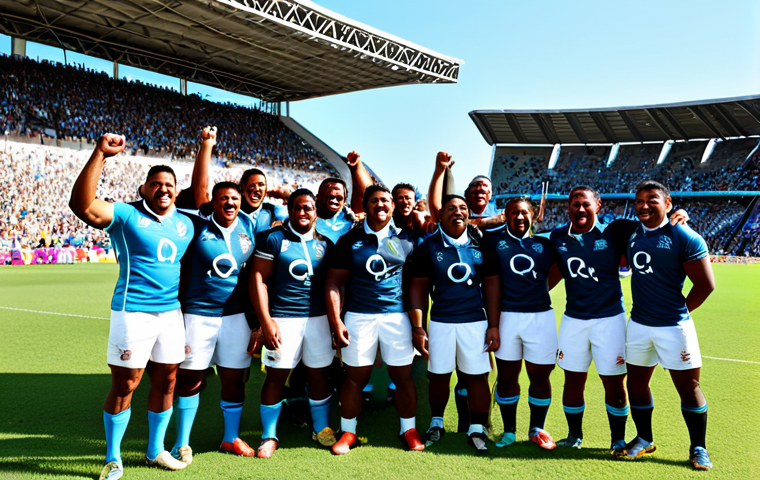 피지 출신 유명 인물 - Rugby Celebration**
"A jubilant Fijian rugby team celebrating their Olympic gold medal victory, ful...