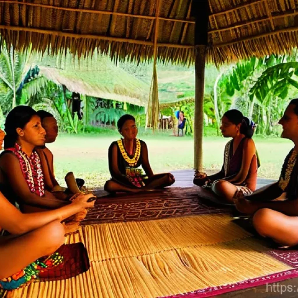 피지 자유여행 vs 패키지여행 - **Fijian Kava Ceremony with Villagers:** A group of cheerful Fijian villagers, including men, women,...