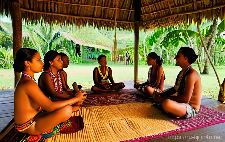 피지 자유여행 vs 패키지여행 - **Fijian Kava Ceremony with Villagers:** A group of cheerful Fijian villagers, including men, women,...