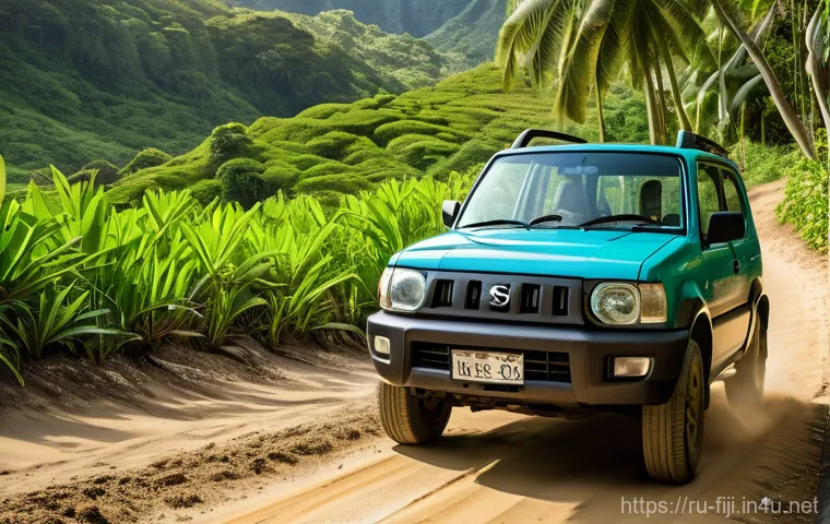 피지에서 자동차 렌트하는 법 - A rugged, slightly dusty Suzuki Jimny or a compact Toyota RAV4 SUV is navigating a winding, unpaved ...