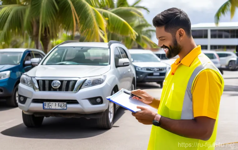 피지에서 자동차 렌트하는 법 - A rugged, slightly dusty Suzuki Jimny or a compact Toyota RAV4 SUV is navigating a winding, unpaved ... 피지에서 자동차 렌트하는 법 - A rugged, slightly dusty Suzuki Jimny or a compact Toyota RAV4 SUV is navigating a winding, unpaved ...
