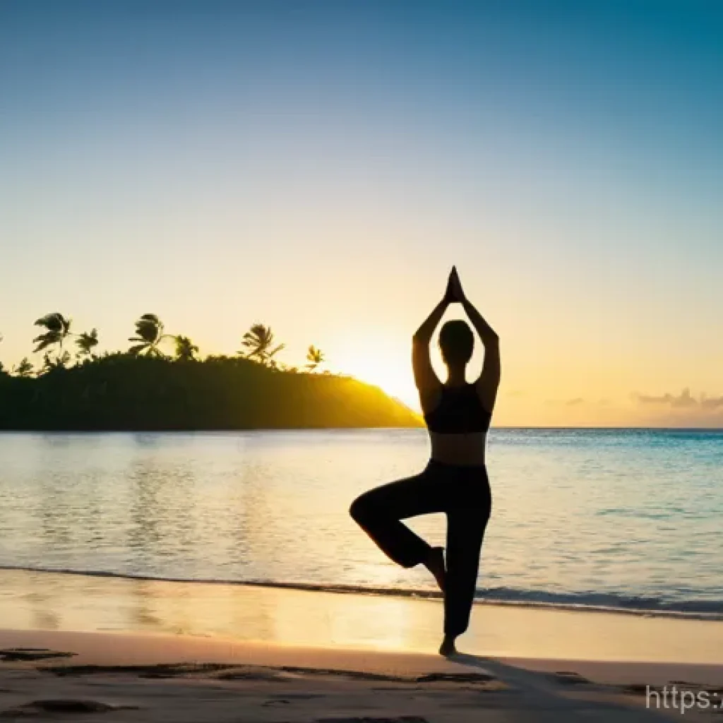피지에서 명상과 요가 체험 - **Image Prompt 1: Sunrise Yoga on a Secluded Fijian Beach**
A serene young woman, dressed in mod...