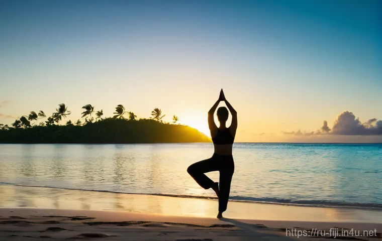 피지에서 명상과 요가 체험 - **Image Prompt 1: Sunrise Yoga on a Secluded Fijian Beach**
A serene young woman, dressed in mod...