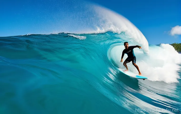 피지 서핑 명소 - **Prompt 1: Adrenaline at Cloudbreak**
"An experienced surfer, seen from a dynamic low-angle per...