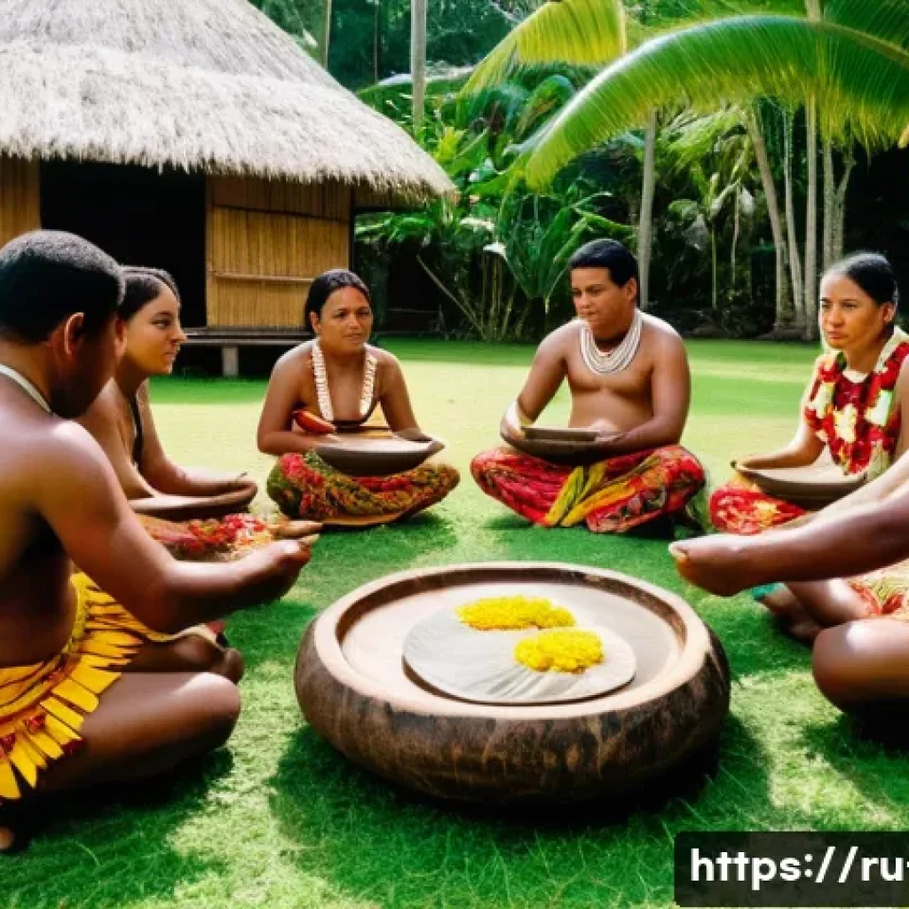 피지의 축제 및 공휴일 - A traditional Fijian kava ceremony scene set outdoors in a lush tropical village environment during ...