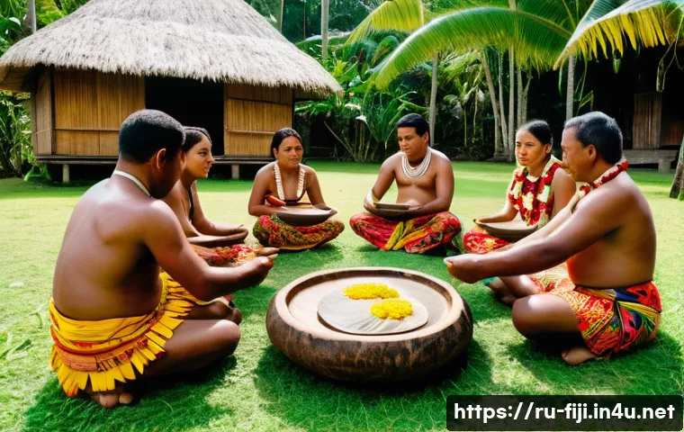 피지의 축제 및 공휴일 - A traditional Fijian kava ceremony scene set outdoors in a lush tropical village environment during ...