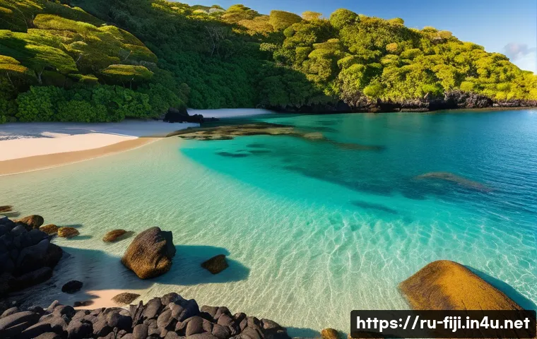 피지에서 촬영하기 좋은 스팟 - A serene, secluded tropical beach cove on Fiji during the golden hour before sunset, featuring cryst...