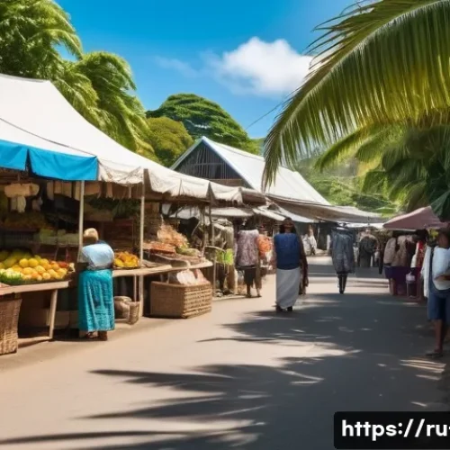 피지 치안 상황 - A vibrant and bustling Fijian outdoor market scene during daytime, filled with diverse tourists and ...