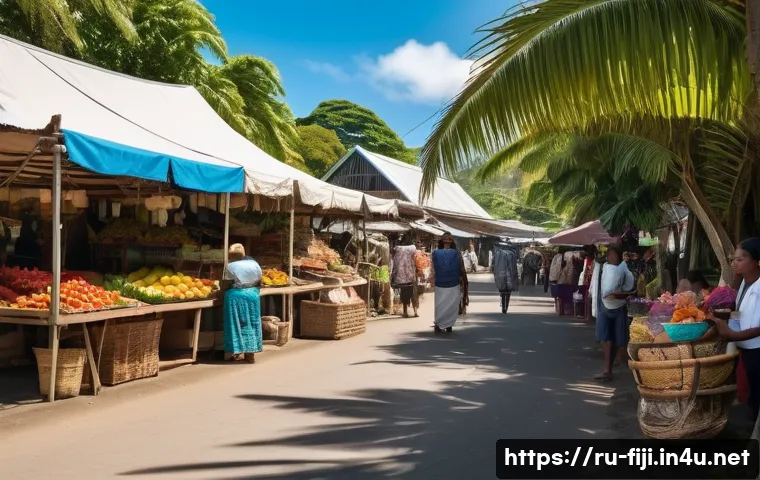 피지 치안 상황 - A vibrant and bustling Fijian outdoor market scene during daytime, filled with diverse tourists and ...