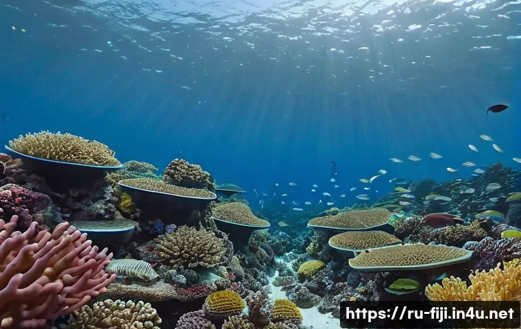피지의 산호초 보존 활동 - Underwater coral nursery scene in Fiji showcasing vibrant coral fragments growing in controlled cond...