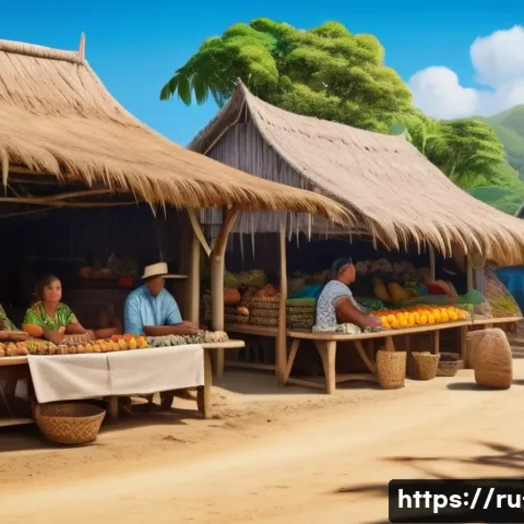 피지의 군사 쿠데타 역사 - A detailed and realistic depiction of a peaceful multicultural Fijian marketplace, showcasing indige...
