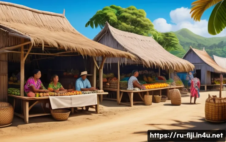 피지의 군사 쿠데타 역사 - A detailed and realistic depiction of a peaceful multicultural Fijian marketplace, showcasing indige...