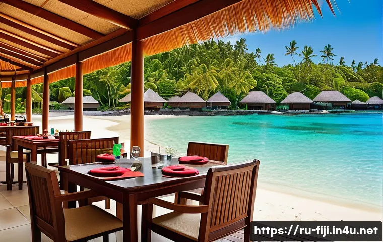피지 여행 패키지 추천 - A vibrant tropical resort scene on a Fiji island showing a luxurious 5-star beachfront resort with p...