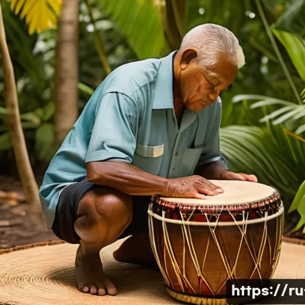 피지의 전통 음악 - A skilled Fijian elder crafting a traditional drum by hand outdoors, carefully carving and sanding m...