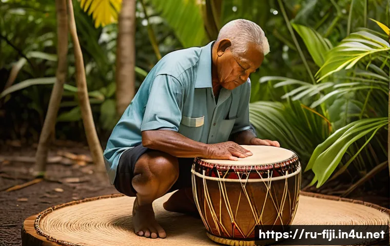 피지의 전통 음악 - A skilled Fijian elder crafting a traditional drum by hand outdoors, carefully carving and sanding m...
