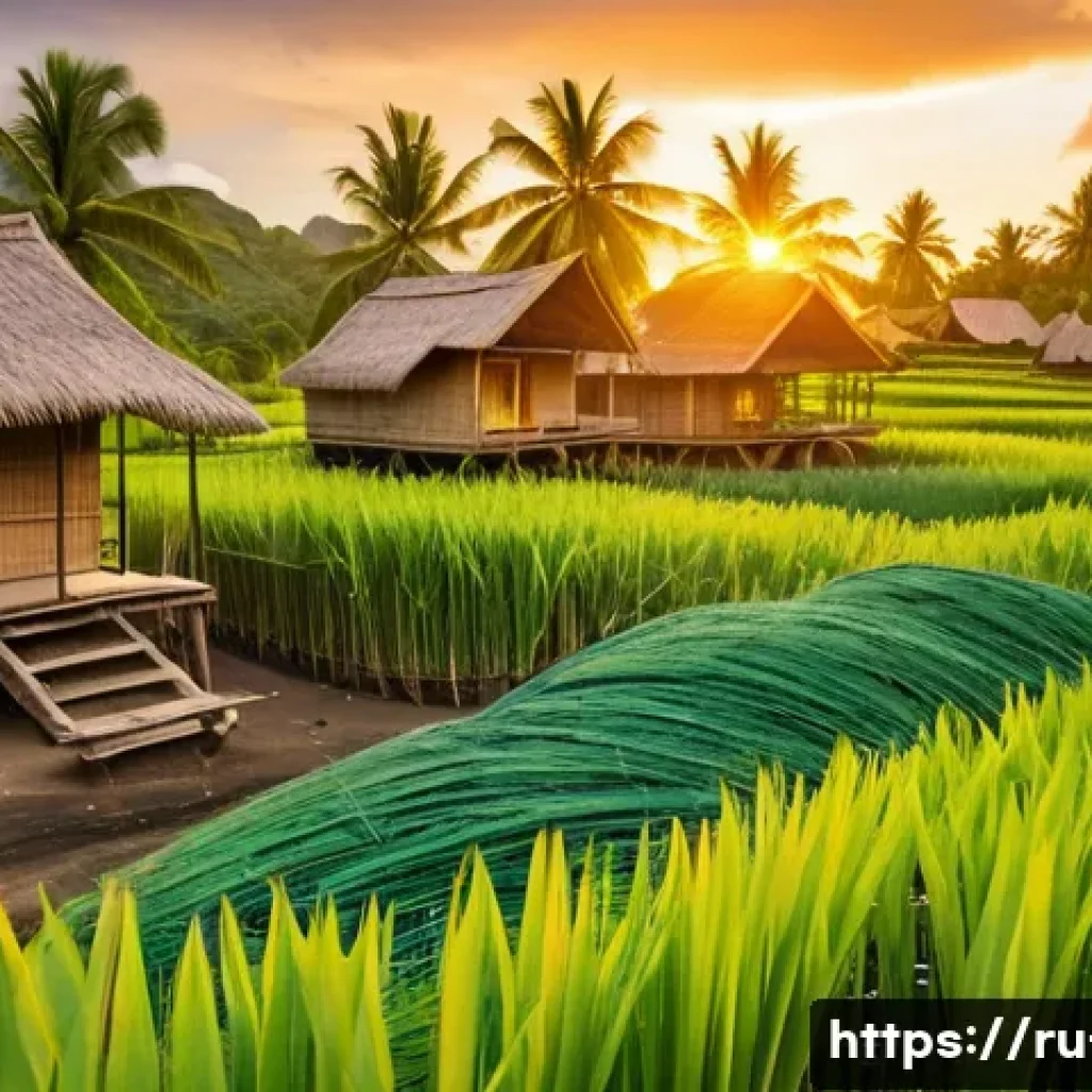 피지 전통 마을 체험 - A traditional Fijian village scene at sunrise, featuring several natural-material houses made from b...