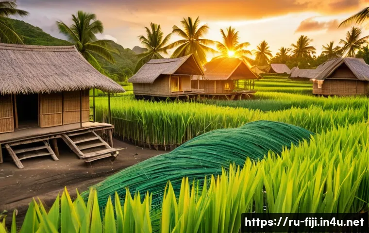 피지 전통 마을 체험 - A traditional Fijian village scene at sunrise, featuring several natural-material houses made from b...