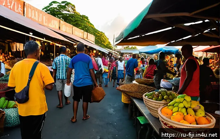 피지의 대표적인 범죄 유형 - A busy outdoor market scene in Suva, Fiji during early evening with tourists and locals mingling clo...