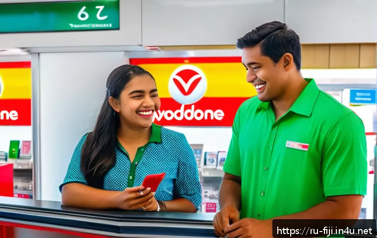피지에서 인터넷 사용법 - A vibrant airport scene in Nadi, Fiji, showing a traveler purchasing a local SIM card at a Vodafone ...