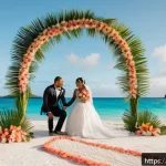 Home 22 피지에서 결혼하는 법 - A romantic wedding ceremony at sunset on a pristine white sand beach in Fiji, featuring a decorated ...