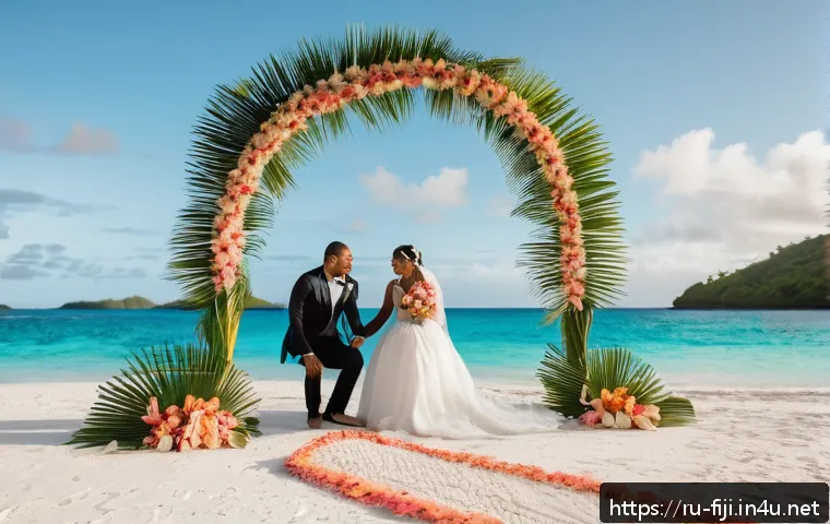 피지에서 결혼하는 법 - A romantic wedding ceremony at sunset on a pristine white sand beach in Fiji, featuring a decorated ...