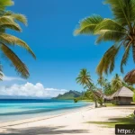 Home 21 피지에서 안전한 여행법 - A detailed tropical island scene of Fiji during the dry season, featuring lush palm trees swaying ge...