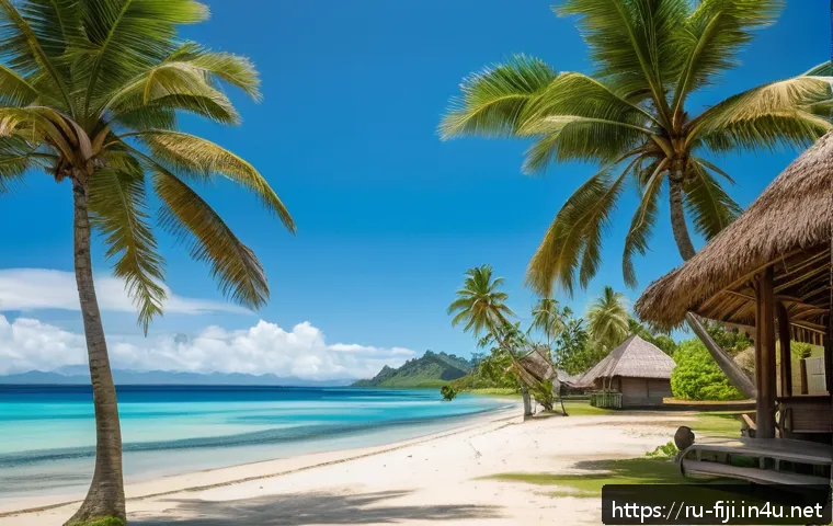 피지에서 안전한 여행법 - A detailed tropical island scene of Fiji during the dry season, featuring lush palm trees swaying ge...