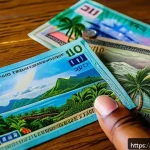 Home 20 피지에서의 화폐 사용법 - A vibrant close-up image of Fiji dollar banknotes and coins spread out on a wooden table, featuring ...