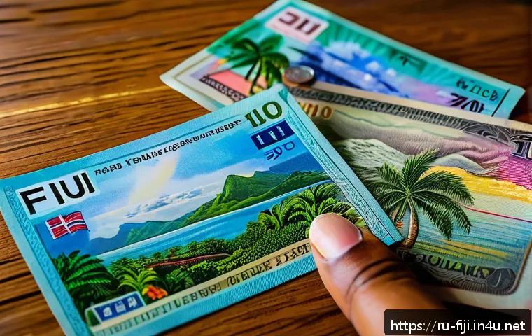 피지에서의 화폐 사용법 - A vibrant close-up image of Fiji dollar banknotes and coins spread out on a wooden table, featuring ...