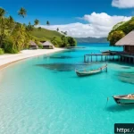 Home 19 피지 비자 및 입국 절차 - A vibrant tropical beach scene on Fiji island during a sunny day, with tourists wearing casual summe...