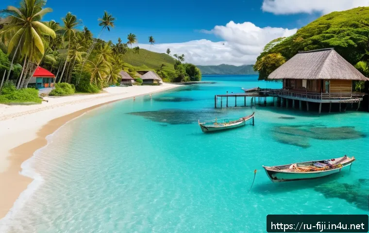 피지 비자 및 입국 절차 - A vibrant tropical beach scene on Fiji island during a sunny day, with tourists wearing casual summe...
