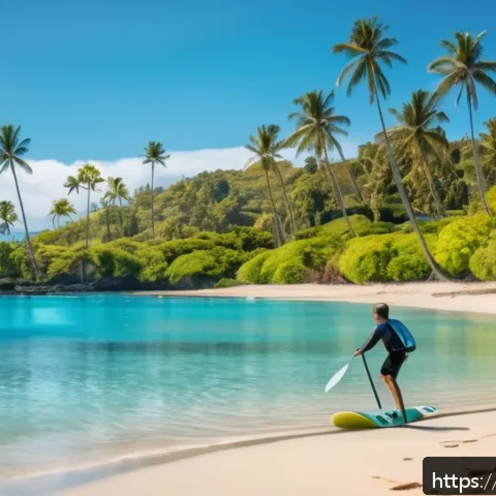 피지에서 서핑하는 법 - A serene Fiji beach scene at Bula Malu with gentle, soft waves ideal for beginner surfers. A young a...
