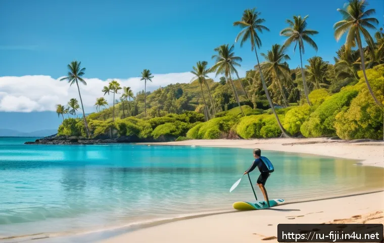 피지에서 서핑하는 법 - A serene Fiji beach scene at Bula Malu with gentle, soft waves ideal for beginner surfers. A young a...