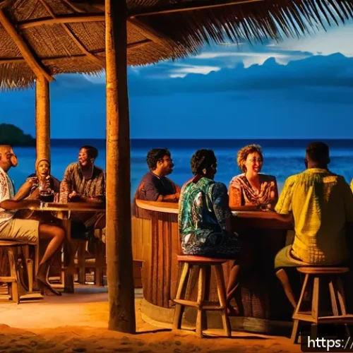 Home 17 피지에서 주류 구매 및 소비법 - A vibrant Fijian beach bar scene at sunset, featuring diverse locals and tourists enjoying tradition...