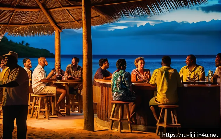피지에서 주류 구매 및 소비법 - A vibrant Fijian beach bar scene at sunset, featuring diverse locals and tourists enjoying tradition...