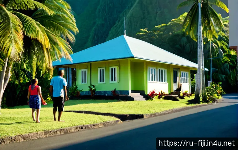 Home 17 피지의 주택 가격 동향 - Photorealistic real estate market scene in Suva, Fiji, featuring a modern tropical family home besid...