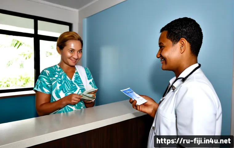 피지에서 병원 이용 방법 - Photorealistic scene inside a modern public hospital reception area in Fiji, a Russian-speaking midd...